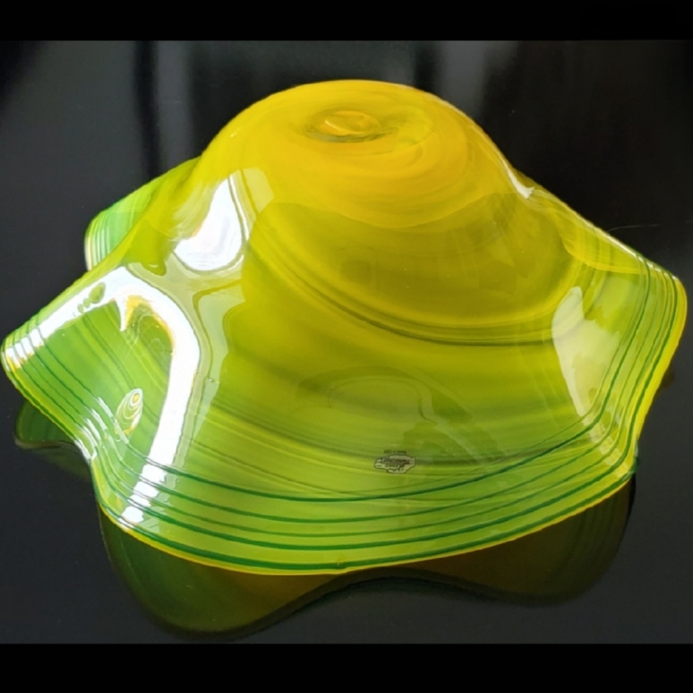 Huge Blenko 17" Handmade Yellow & Blue Art Glass Bowl - Picture 5 of 13